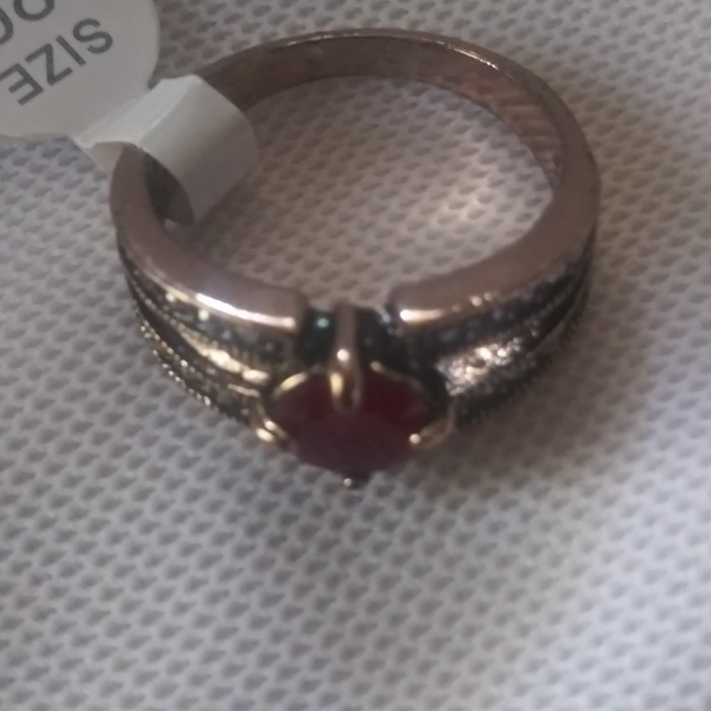 Silver Tone Rhinestone Ruby Color Ring Size 10